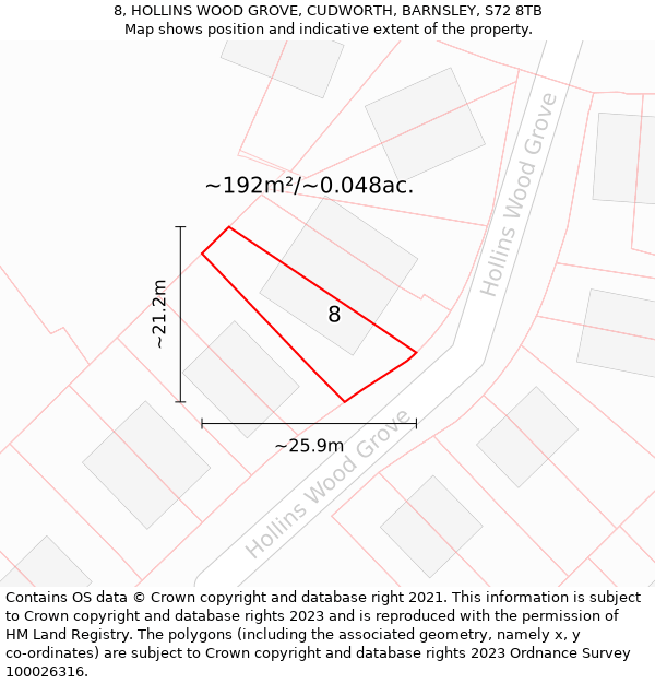 8, HOLLINS WOOD GROVE, CUDWORTH, BARNSLEY, S72 8TB: Plot and title map