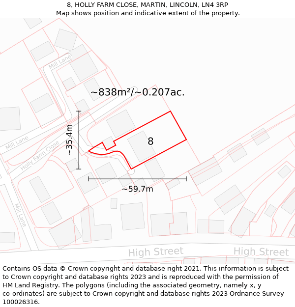 8, HOLLY FARM CLOSE, MARTIN, LINCOLN, LN4 3RP: Plot and title map