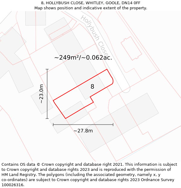 8, HOLLYBUSH CLOSE, WHITLEY, GOOLE, DN14 0FF: Plot and title map