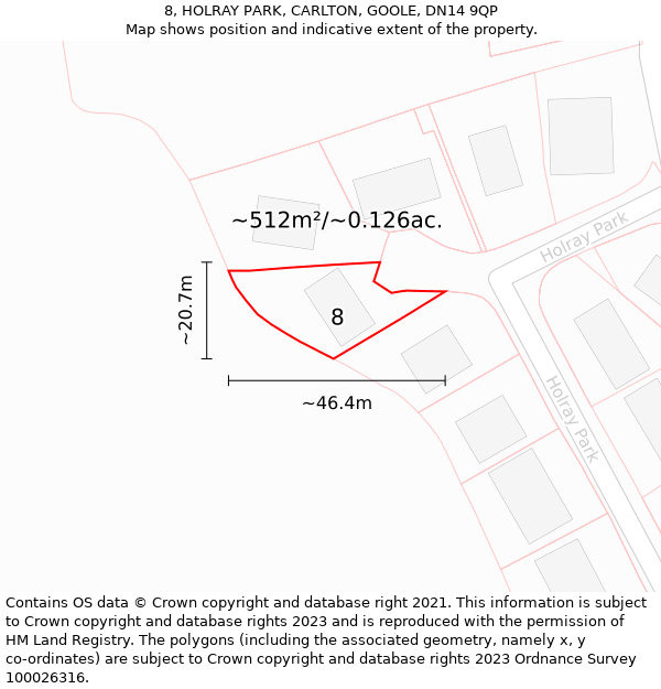 8, HOLRAY PARK, CARLTON, GOOLE, DN14 9QP: Plot and title map