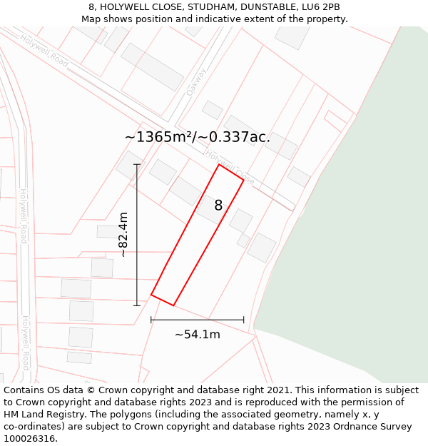 8, HOLYWELL CLOSE, STUDHAM, DUNSTABLE, LU6 2PB: Plot and title map