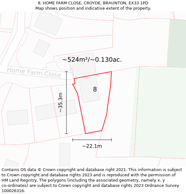 8, HOME FARM CLOSE, CROYDE, BRAUNTON, EX33 1PD: Plot and title map