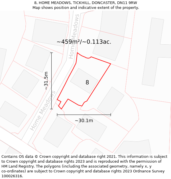 8, HOME MEADOWS, TICKHILL, DONCASTER, DN11 9RW: Plot and title map