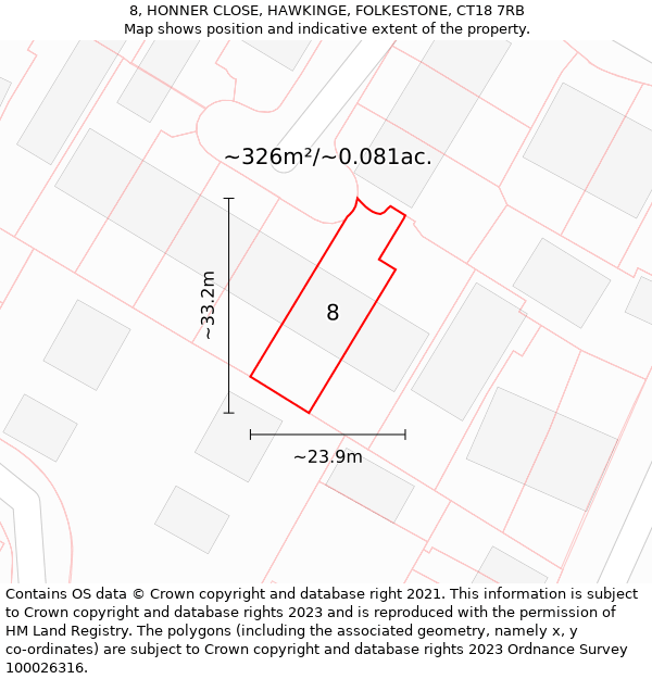 8, HONNER CLOSE, HAWKINGE, FOLKESTONE, CT18 7RB: Plot and title map