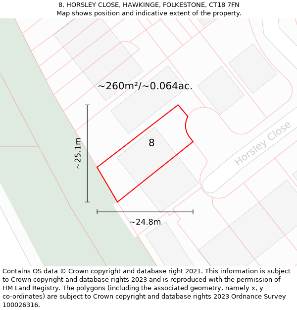 8, HORSLEY CLOSE, HAWKINGE, FOLKESTONE, CT18 7FN: Plot and title map