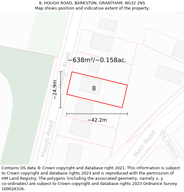 8, HOUGH ROAD, BARKSTON, GRANTHAM, NG32 2NS: Plot and title map