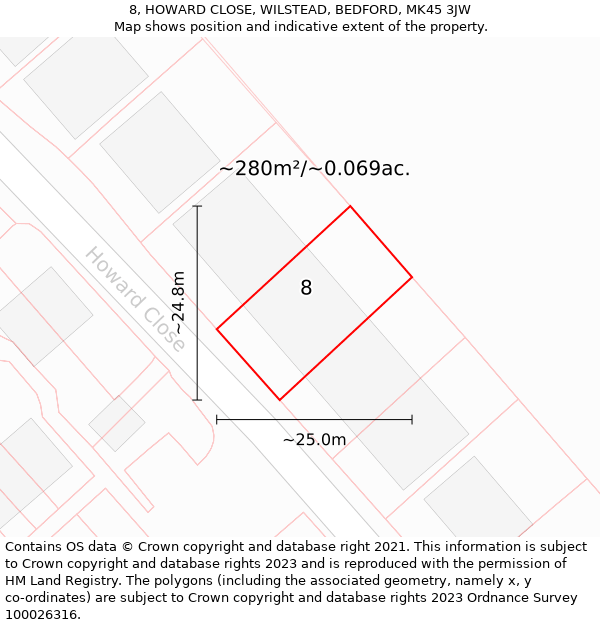 8, HOWARD CLOSE, WILSTEAD, BEDFORD, MK45 3JW: Plot and title map