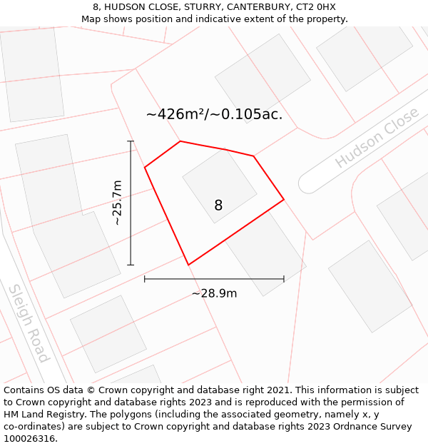 8, HUDSON CLOSE, STURRY, CANTERBURY, CT2 0HX: Plot and title map