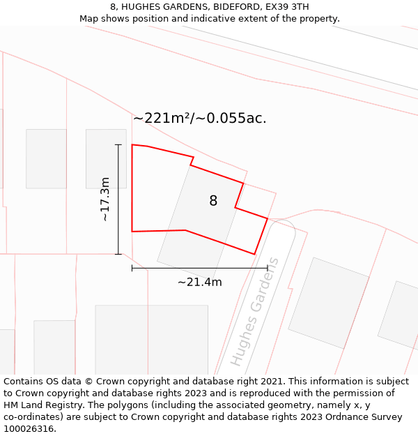 8, HUGHES GARDENS, BIDEFORD, EX39 3TH: Plot and title map