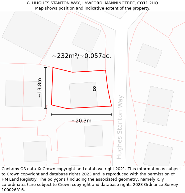 8, HUGHES STANTON WAY, LAWFORD, MANNINGTREE, CO11 2HQ: Plot and title map