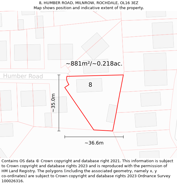 8, HUMBER ROAD, MILNROW, ROCHDALE, OL16 3EZ: Plot and title map