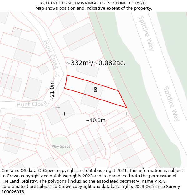 8, HUNT CLOSE, HAWKINGE, FOLKESTONE, CT18 7FJ: Plot and title map