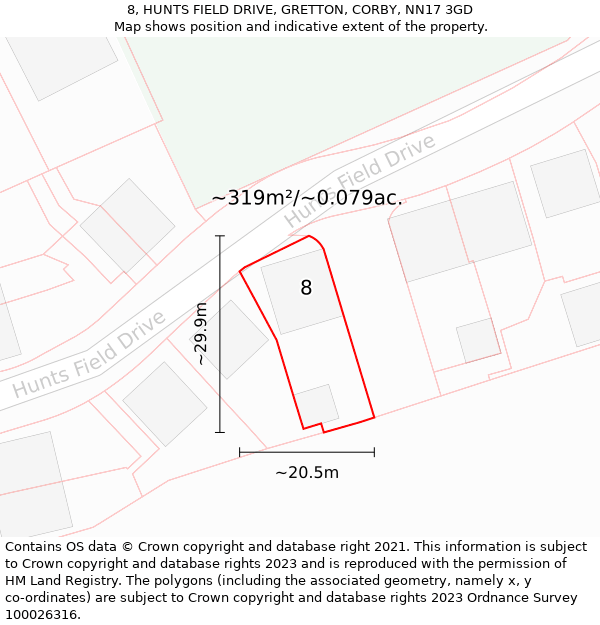 8, HUNTS FIELD DRIVE, GRETTON, CORBY, NN17 3GD: Plot and title map