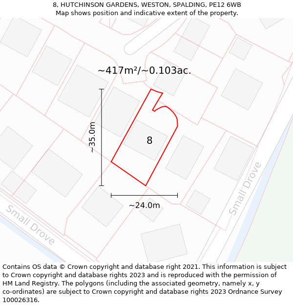 8, HUTCHINSON GARDENS, WESTON, SPALDING, PE12 6WB: Plot and title map