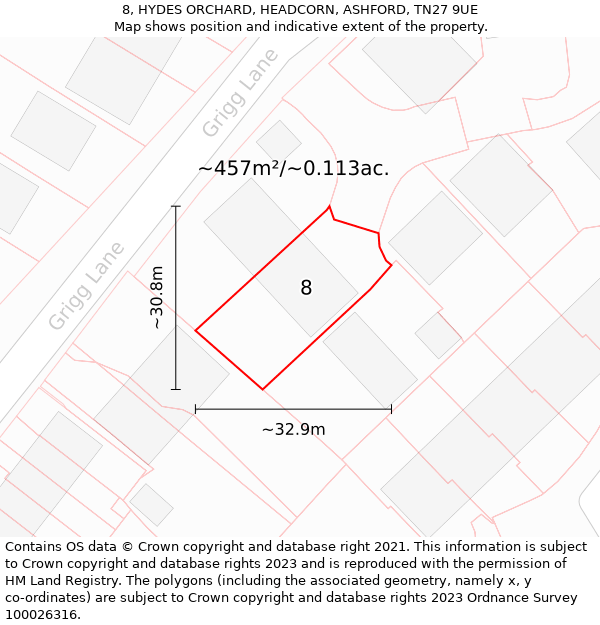 8, HYDES ORCHARD, HEADCORN, ASHFORD, TN27 9UE: Plot and title map