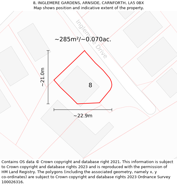 8, INGLEMERE GARDENS, ARNSIDE, CARNFORTH, LA5 0BX: Plot and title map