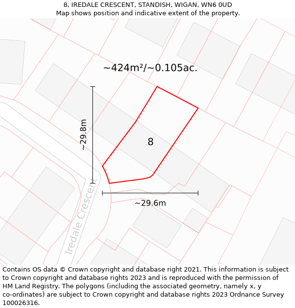 8, IREDALE CRESCENT, STANDISH, WIGAN, WN6 0UD: Plot and title map