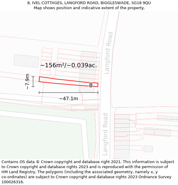 8, IVEL COTTAGES, LANGFORD ROAD, BIGGLESWADE, SG18 9QU: Plot and title map