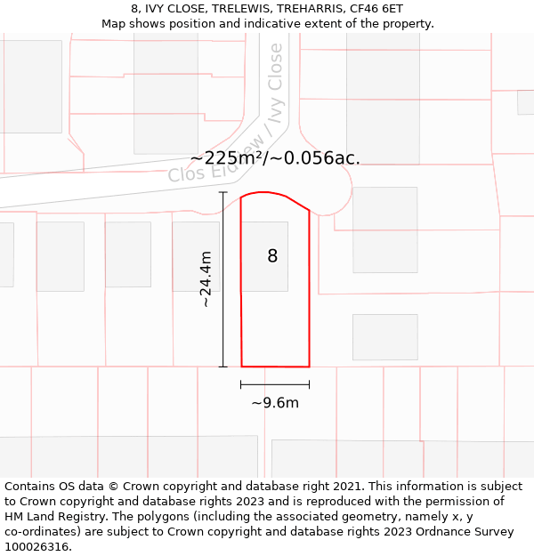 8, IVY CLOSE, TRELEWIS, TREHARRIS, CF46 6ET: Plot and title map