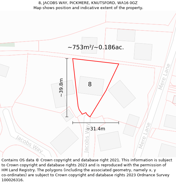 8, JACOBS WAY, PICKMERE, KNUTSFORD, WA16 0GZ: Plot and title map