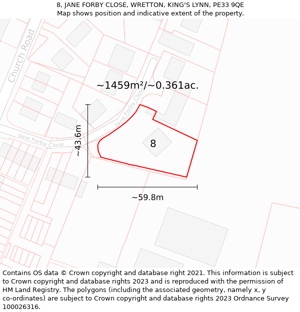 8, JANE FORBY CLOSE, WRETTON, KING'S LYNN, PE33 9QE: Plot and title map