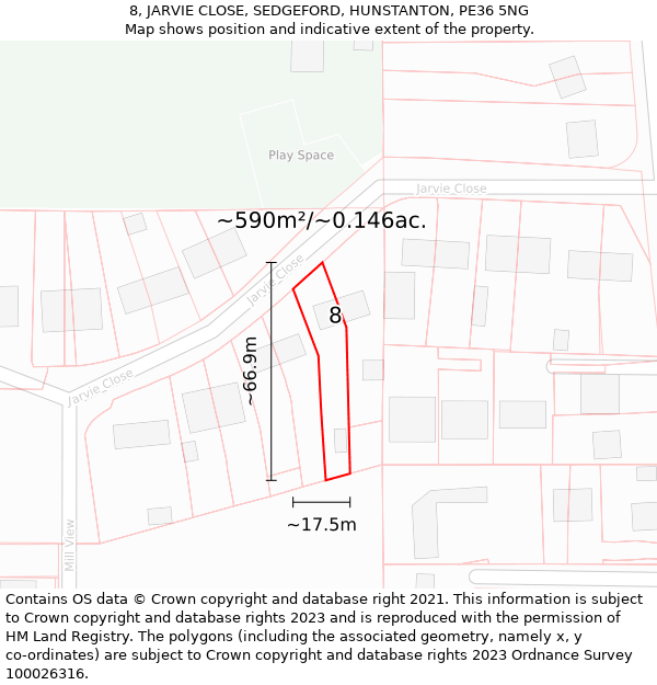 8, JARVIE CLOSE, SEDGEFORD, HUNSTANTON, PE36 5NG: Plot and title map