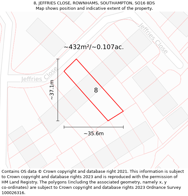 8, JEFFRIES CLOSE, ROWNHAMS, SOUTHAMPTON, SO16 8DS: Plot and title map