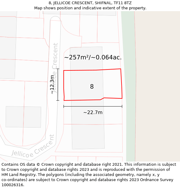 8, JELLICOE CRESCENT, SHIFNAL, TF11 8TZ: Plot and title map