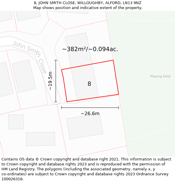 8, JOHN SMITH CLOSE, WILLOUGHBY, ALFORD, LN13 9NZ: Plot and title map