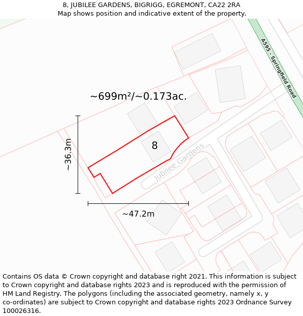 8, JUBILEE GARDENS, BIGRIGG, EGREMONT, CA22 2RA: Plot and title map