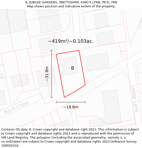 8, JUBILEE GARDENS, SNETTISHAM, KING'S LYNN, PE31 7RN: Plot and title map