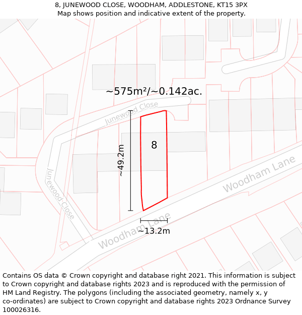 8, JUNEWOOD CLOSE, WOODHAM, ADDLESTONE, KT15 3PX: Plot and title map