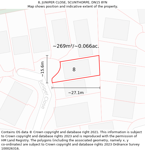 8, JUNIPER CLOSE, SCUNTHORPE, DN15 8YN: Plot and title map