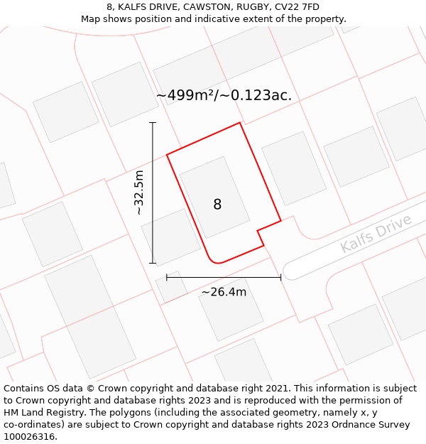 8, KALFS DRIVE, CAWSTON, RUGBY, CV22 7FD: Plot and title map