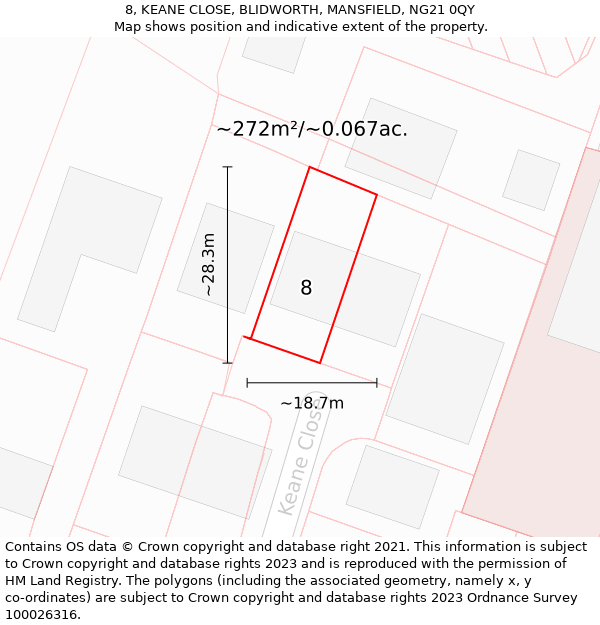 8, KEANE CLOSE, BLIDWORTH, MANSFIELD, NG21 0QY: Plot and title map