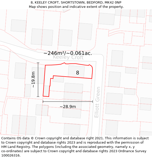 8, KEELEY CROFT, SHORTSTOWN, BEDFORD, MK42 0NP: Plot and title map