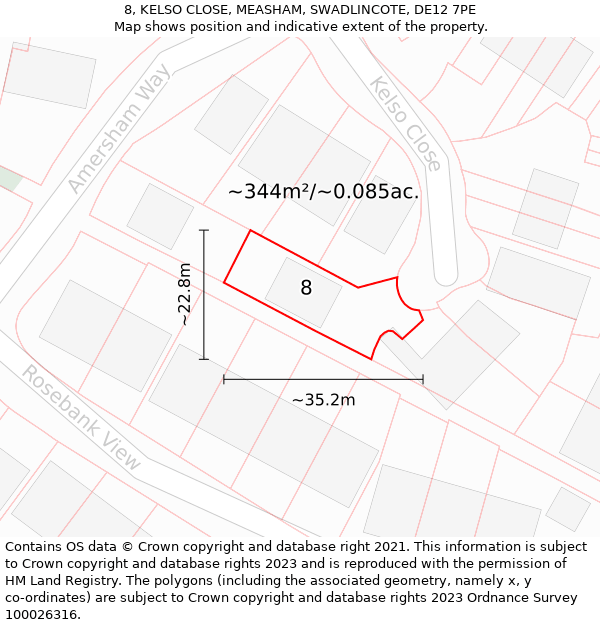 8, KELSO CLOSE, MEASHAM, SWADLINCOTE, DE12 7PE: Plot and title map