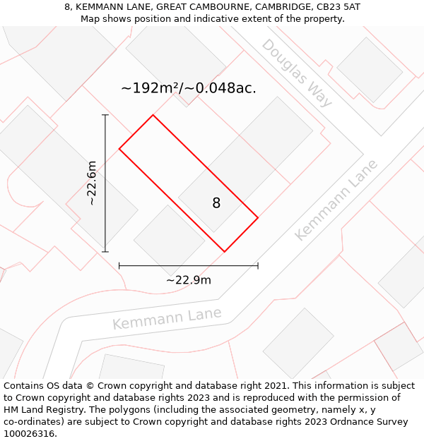 8, KEMMANN LANE, GREAT CAMBOURNE, CAMBRIDGE, CB23 5AT: Plot and title map