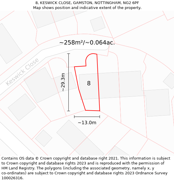 8, KESWICK CLOSE, GAMSTON, NOTTINGHAM, NG2 6PF: Plot and title map