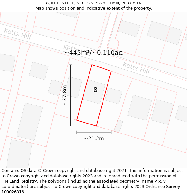 8, KETTS HILL, NECTON, SWAFFHAM, PE37 8HX: Plot and title map