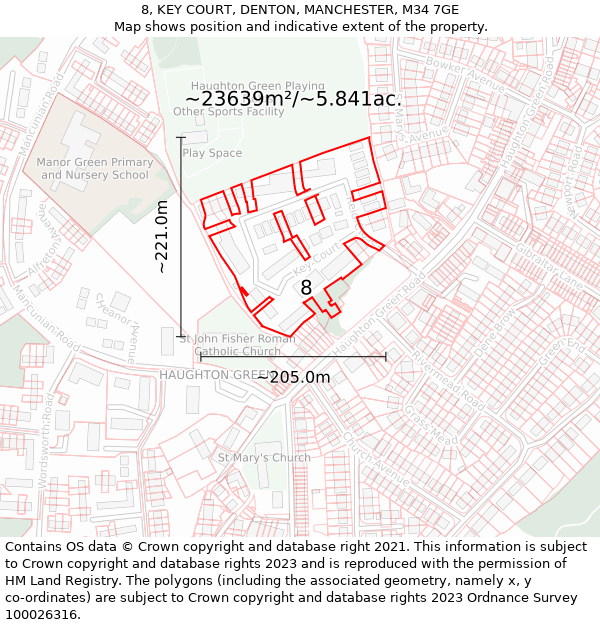 8, KEY COURT, DENTON, MANCHESTER, M34 7GE: Plot and title map