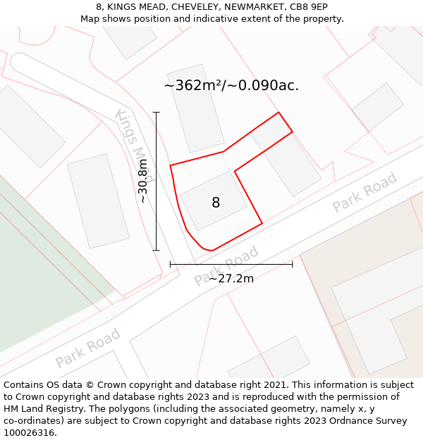 8, KINGS MEAD, CHEVELEY, NEWMARKET, CB8 9EP: Plot and title map