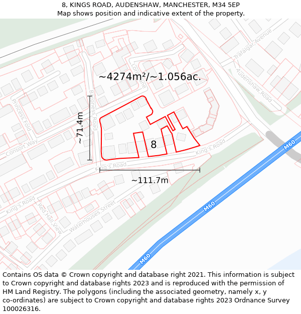 8, KINGS ROAD, AUDENSHAW, MANCHESTER, M34 5EP: Plot and title map