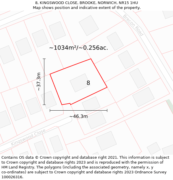 8, KINGSWOOD CLOSE, BROOKE, NORWICH, NR15 1HU: Plot and title map