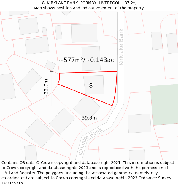 8, KIRKLAKE BANK, FORMBY, LIVERPOOL, L37 2YJ: Plot and title map