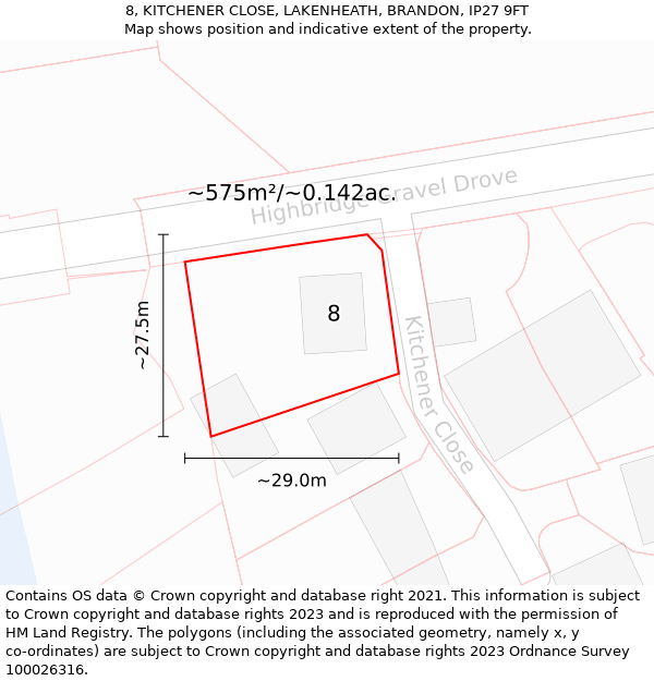 8, KITCHENER CLOSE, LAKENHEATH, BRANDON, IP27 9FT: Plot and title map