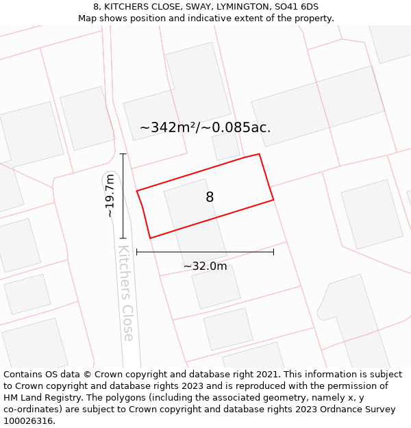 8, KITCHERS CLOSE, SWAY, LYMINGTON, SO41 6DS: Plot and title map