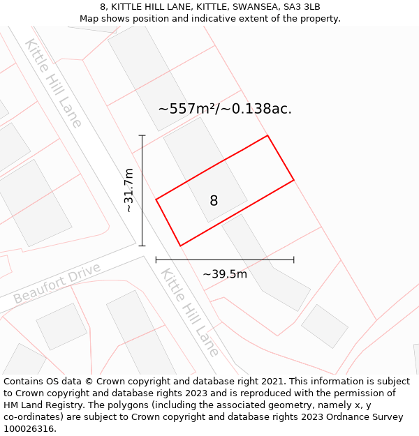 8, KITTLE HILL LANE, KITTLE, SWANSEA, SA3 3LB: Plot and title map