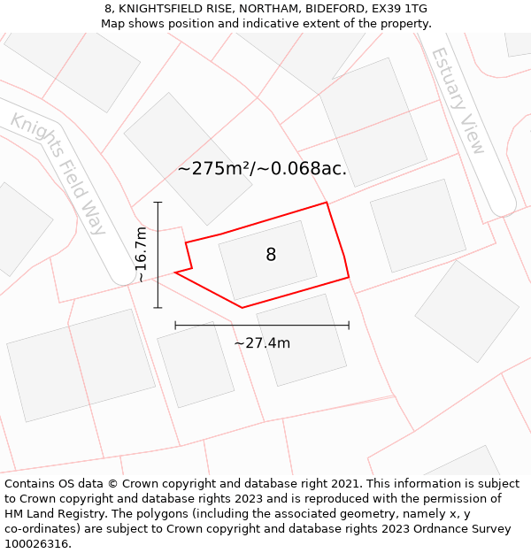 8, KNIGHTSFIELD RISE, NORTHAM, BIDEFORD, EX39 1TG: Plot and title map