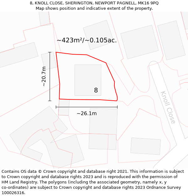 8, KNOLL CLOSE, SHERINGTON, NEWPORT PAGNELL, MK16 9PQ: Plot and title map